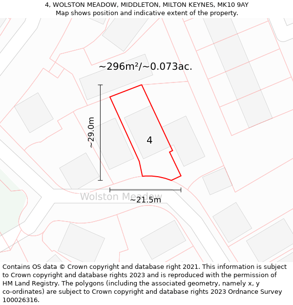 4, WOLSTON MEADOW, MIDDLETON, MILTON KEYNES, MK10 9AY: Plot and title map