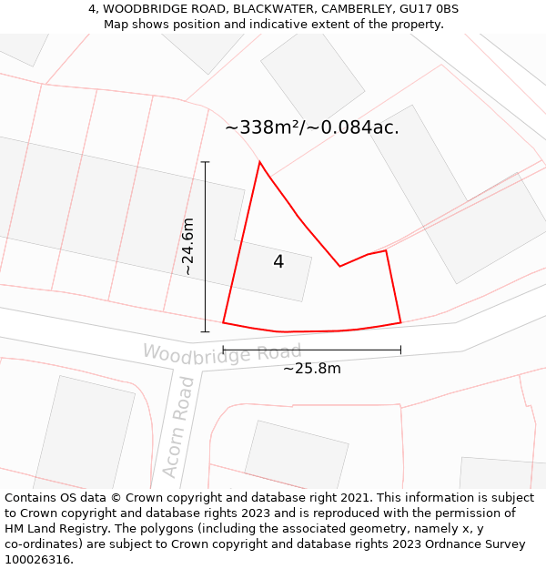 4, WOODBRIDGE ROAD, BLACKWATER, CAMBERLEY, GU17 0BS: Plot and title map