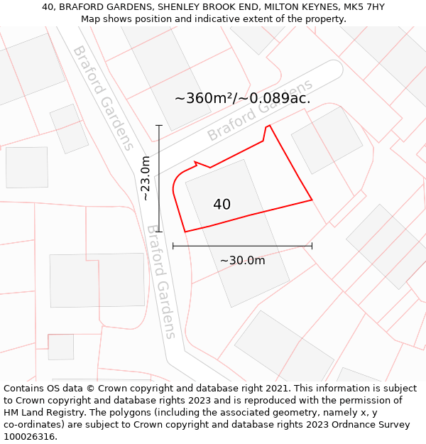 40, BRAFORD GARDENS, SHENLEY BROOK END, MILTON KEYNES, MK5 7HY: Plot and title map