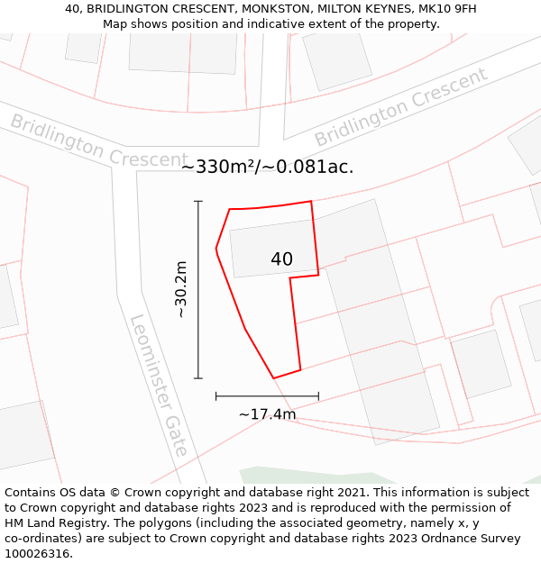 40, BRIDLINGTON CRESCENT, MONKSTON, MILTON KEYNES, MK10 9FH: Plot and title map