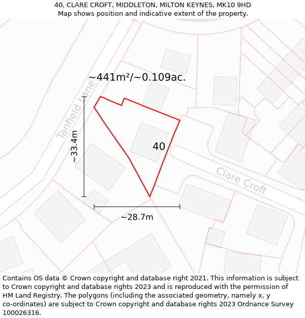 40, CLARE CROFT, MIDDLETON, MILTON KEYNES, MK10 9HD: Plot and title map