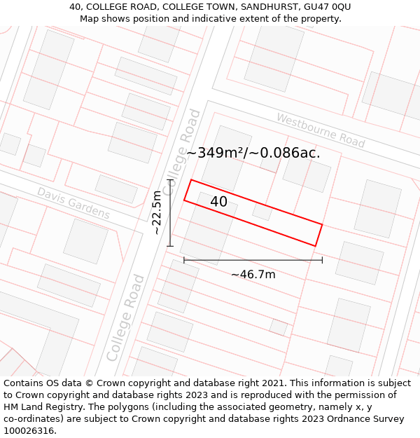 40, COLLEGE ROAD, COLLEGE TOWN, SANDHURST, GU47 0QU: Plot and title map