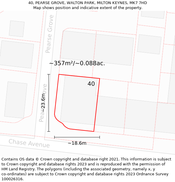 40, PEARSE GROVE, WALTON PARK, MILTON KEYNES, MK7 7HD: Plot and title map