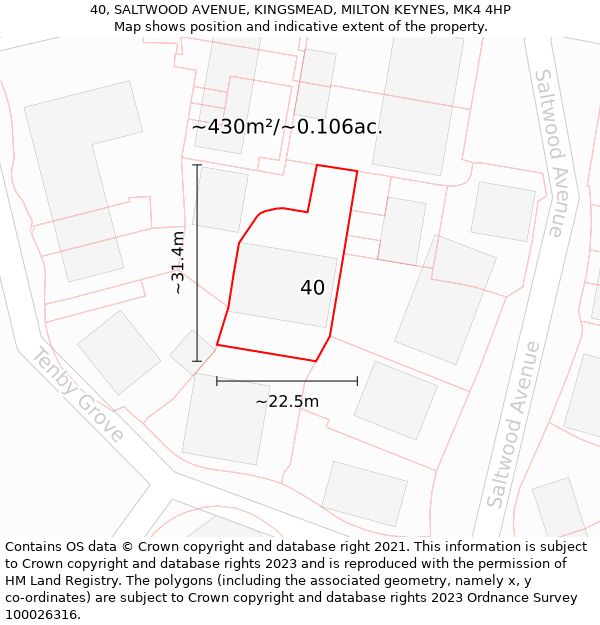 40, SALTWOOD AVENUE, KINGSMEAD, MILTON KEYNES, MK4 4HP: Plot and title map