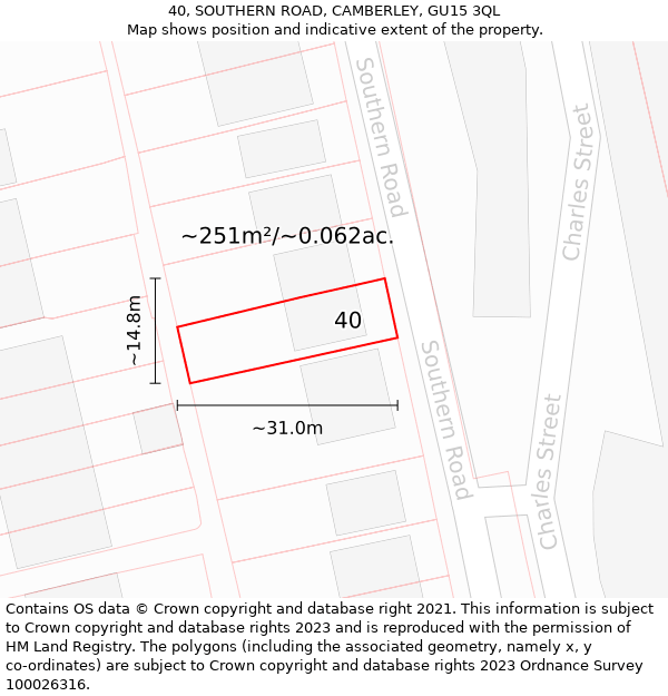 40, SOUTHERN ROAD, CAMBERLEY, GU15 3QL: Plot and title map