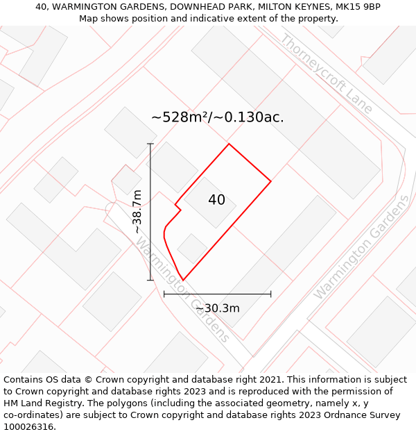 40, WARMINGTON GARDENS, DOWNHEAD PARK, MILTON KEYNES, MK15 9BP: Plot and title map