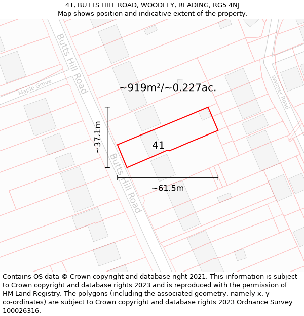 41, BUTTS HILL ROAD, WOODLEY, READING, RG5 4NJ: Plot and title map