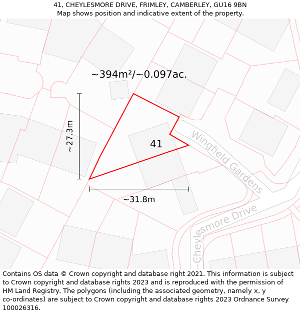 41, CHEYLESMORE DRIVE, FRIMLEY, CAMBERLEY, GU16 9BN: Plot and title map