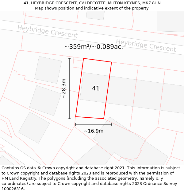 41, HEYBRIDGE CRESCENT, CALDECOTTE, MILTON KEYNES, MK7 8HN: Plot and title map