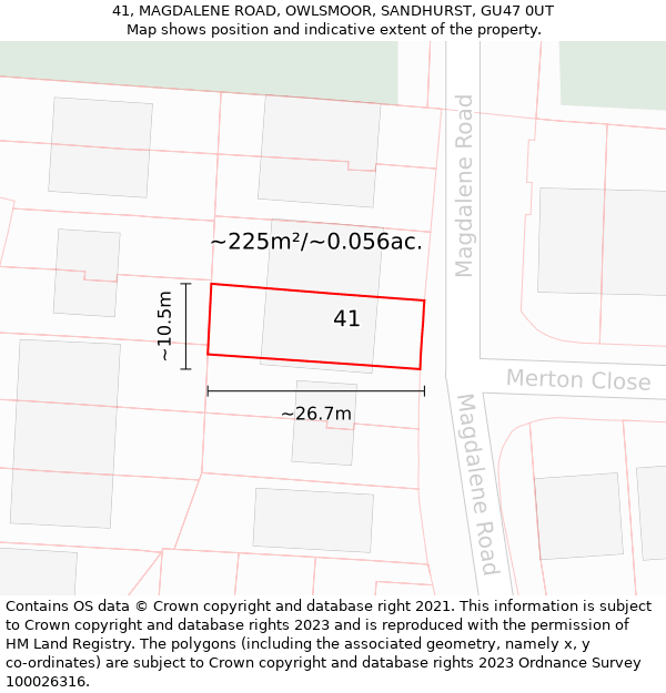 41, MAGDALENE ROAD, OWLSMOOR, SANDHURST, GU47 0UT: Plot and title map