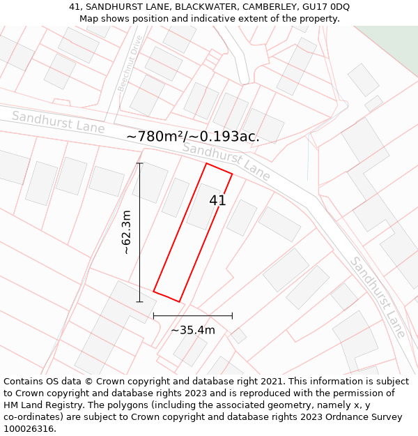41, SANDHURST LANE, BLACKWATER, CAMBERLEY, GU17 0DQ: Plot and title map