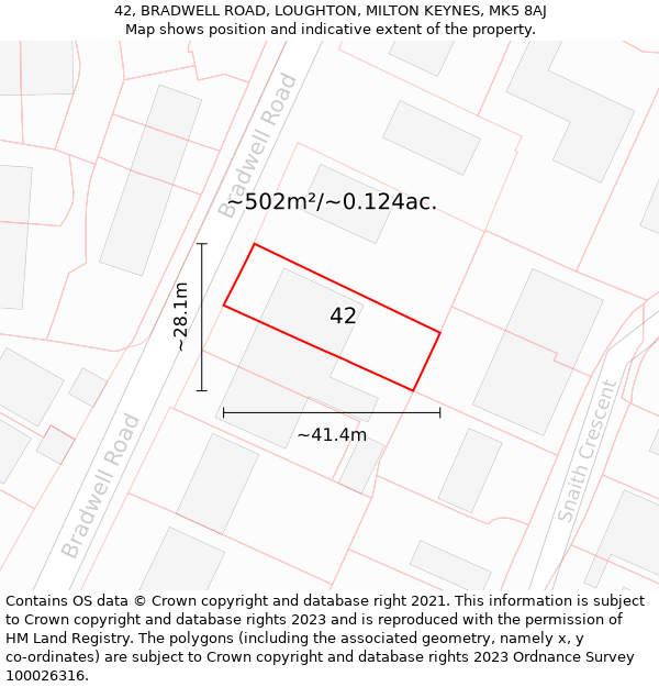 42, BRADWELL ROAD, LOUGHTON, MILTON KEYNES, MK5 8AJ: Plot and title map