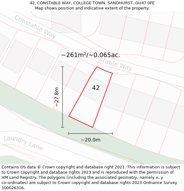 42, CONSTABLE WAY, COLLEGE TOWN, SANDHURST, GU47 0FE: Plot and title map