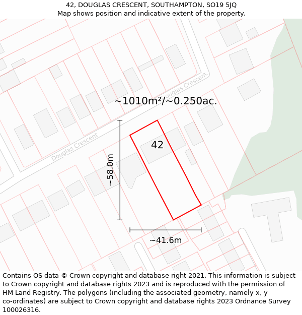 42, DOUGLAS CRESCENT, SOUTHAMPTON, SO19 5JQ: Plot and title map