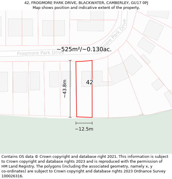 42, FROGMORE PARK DRIVE, BLACKWATER, CAMBERLEY, GU17 0PJ: Plot and title map