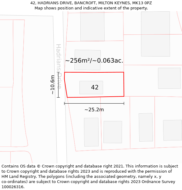 42, HADRIANS DRIVE, BANCROFT, MILTON KEYNES, MK13 0PZ: Plot and title map