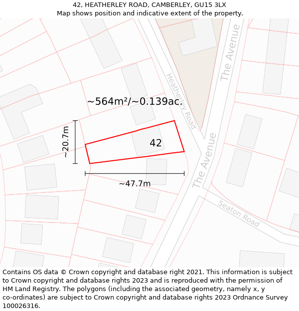 42, HEATHERLEY ROAD, CAMBERLEY, GU15 3LX: Plot and title map