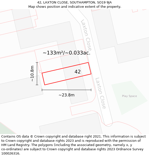 42, LAXTON CLOSE, SOUTHAMPTON, SO19 9JA: Plot and title map