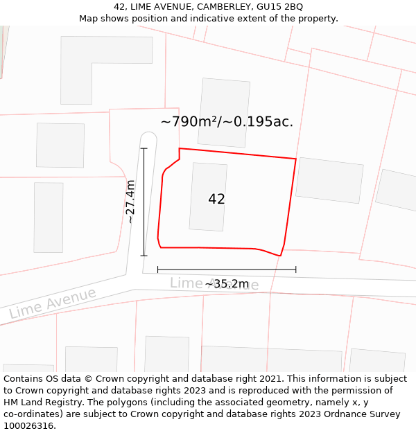 42, LIME AVENUE, CAMBERLEY, GU15 2BQ: Plot and title map