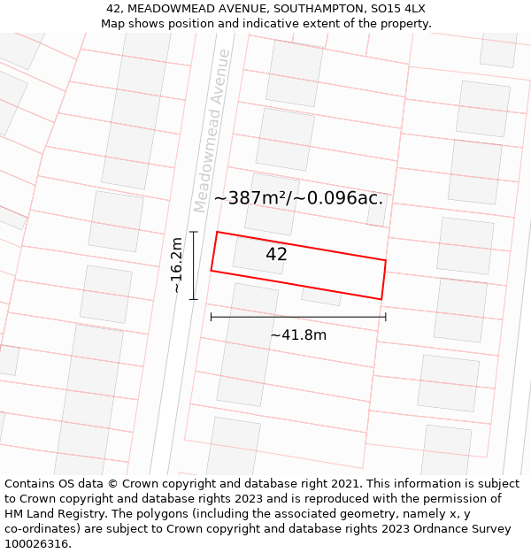 42, MEADOWMEAD AVENUE, SOUTHAMPTON, SO15 4LX: Plot and title map