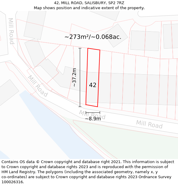 42, MILL ROAD, SALISBURY, SP2 7RZ: Plot and title map