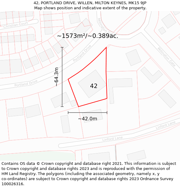 42, PORTLAND DRIVE, WILLEN, MILTON KEYNES, MK15 9JP: Plot and title map