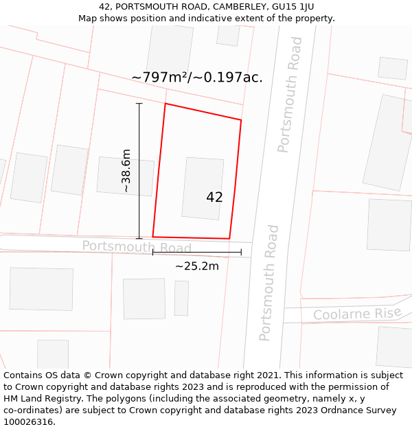 42, PORTSMOUTH ROAD, CAMBERLEY, GU15 1JU: Plot and title map