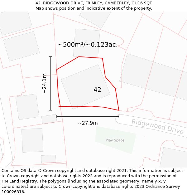 42, RIDGEWOOD DRIVE, FRIMLEY, CAMBERLEY, GU16 9QF: Plot and title map