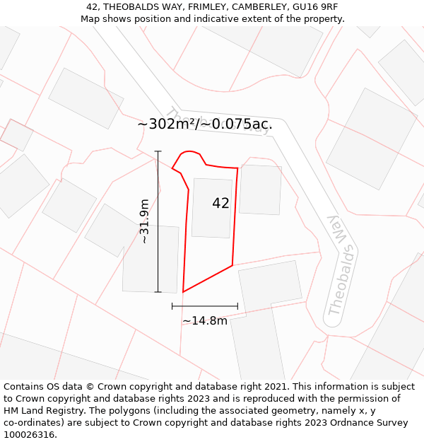 42, THEOBALDS WAY, FRIMLEY, CAMBERLEY, GU16 9RF: Plot and title map