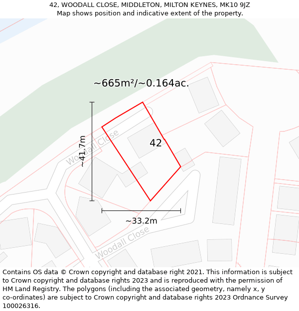 42, WOODALL CLOSE, MIDDLETON, MILTON KEYNES, MK10 9JZ: Plot and title map