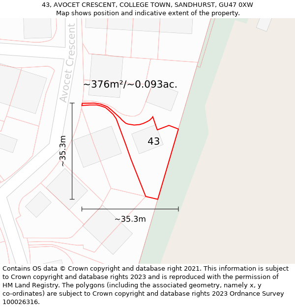 43, AVOCET CRESCENT, COLLEGE TOWN, SANDHURST, GU47 0XW: Plot and title map