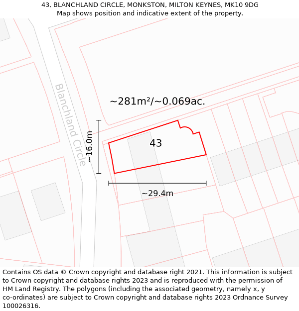 43, BLANCHLAND CIRCLE, MONKSTON, MILTON KEYNES, MK10 9DG: Plot and title map