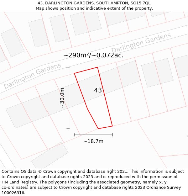 43, DARLINGTON GARDENS, SOUTHAMPTON, SO15 7QL: Plot and title map