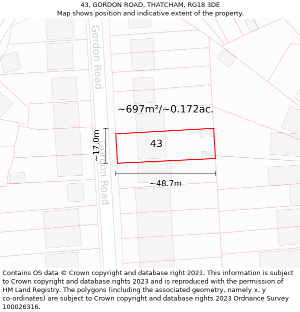 43, GORDON ROAD, THATCHAM, RG18 3DE: Plot and title map