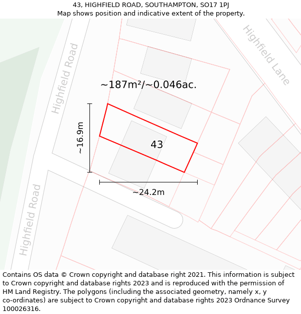 43, HIGHFIELD ROAD, SOUTHAMPTON, SO17 1PJ: Plot and title map