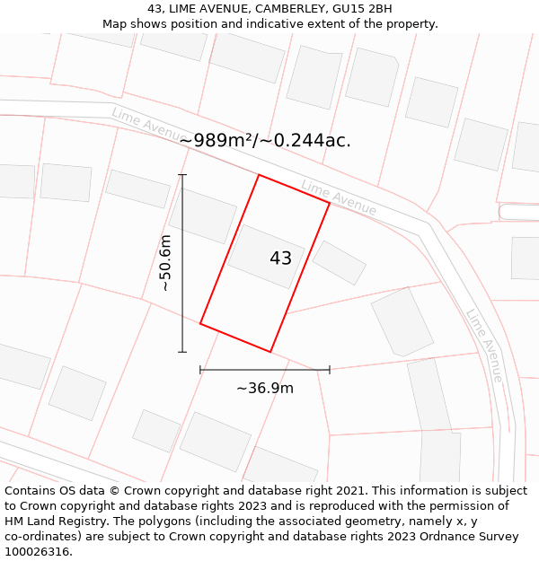 43, LIME AVENUE, CAMBERLEY, GU15 2BH: Plot and title map