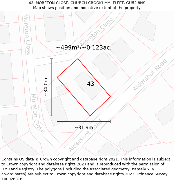 43, MORETON CLOSE, CHURCH CROOKHAM, FLEET, GU52 8NS: Plot and title map