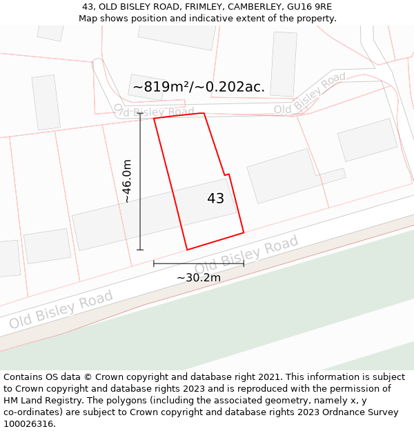 43, OLD BISLEY ROAD, FRIMLEY, CAMBERLEY, GU16 9RE: Plot and title map