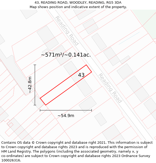 43, READING ROAD, WOODLEY, READING, RG5 3DA: Plot and title map