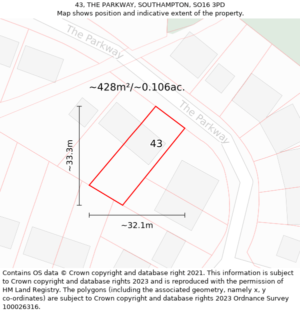 43, THE PARKWAY, SOUTHAMPTON, SO16 3PD: Plot and title map