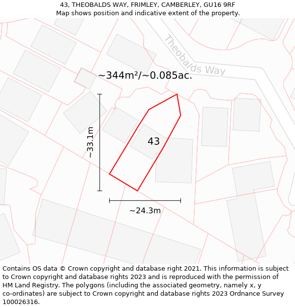 43, THEOBALDS WAY, FRIMLEY, CAMBERLEY, GU16 9RF: Plot and title map