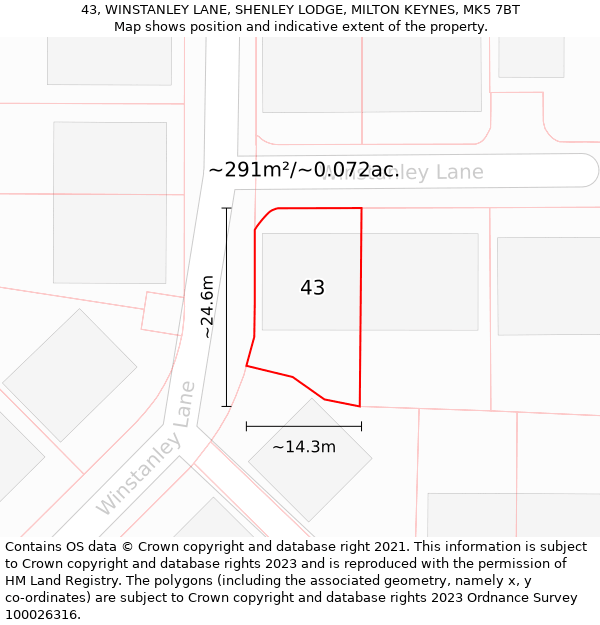 43, WINSTANLEY LANE, SHENLEY LODGE, MILTON KEYNES, MK5 7BT: Plot and title map