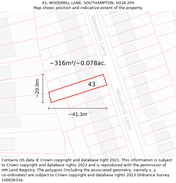 43, WOODMILL LANE, SOUTHAMPTON, SO18 2PA: Plot and title map