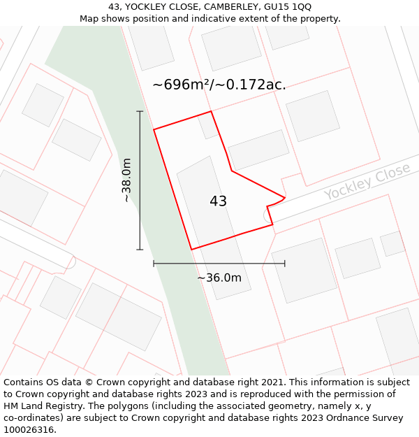 43, YOCKLEY CLOSE, CAMBERLEY, GU15 1QQ: Plot and title map