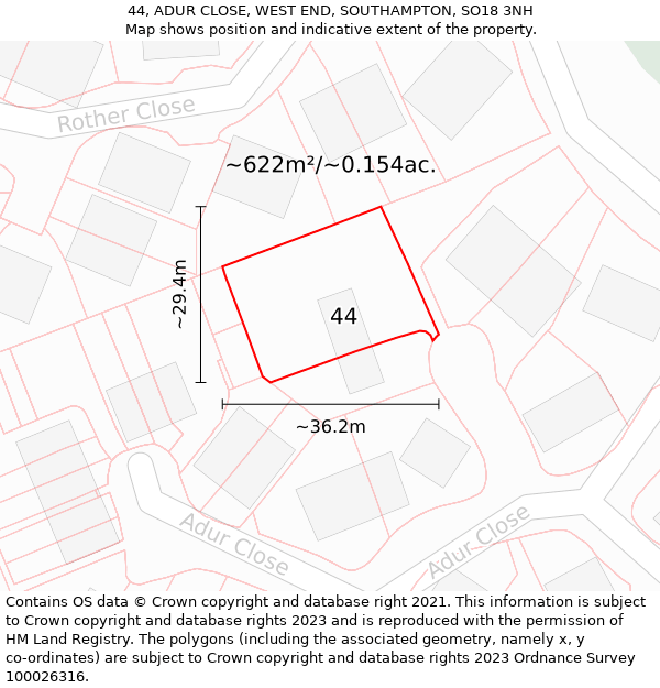 44, ADUR CLOSE, WEST END, SOUTHAMPTON, SO18 3NH: Plot and title map