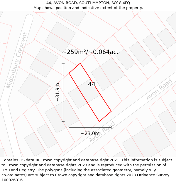 44, AVON ROAD, SOUTHAMPTON, SO18 4FQ: Plot and title map