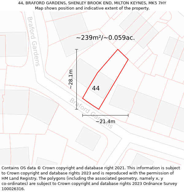 44, BRAFORD GARDENS, SHENLEY BROOK END, MILTON KEYNES, MK5 7HY: Plot and title map