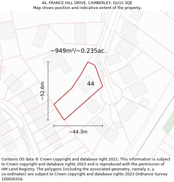 44, FRANCE HILL DRIVE, CAMBERLEY, GU15 3QE: Plot and title map