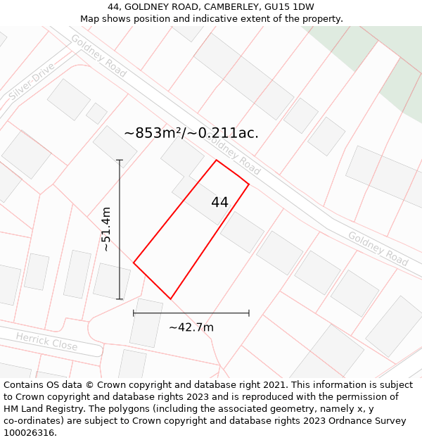 44, GOLDNEY ROAD, CAMBERLEY, GU15 1DW: Plot and title map