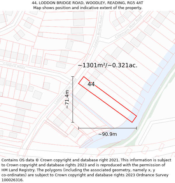 44, LODDON BRIDGE ROAD, WOODLEY, READING, RG5 4AT: Plot and title map